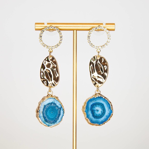Blue Dangle Earrings Geode Earrings Turquoise Gold Plated Handmade - Picture 1 of 1